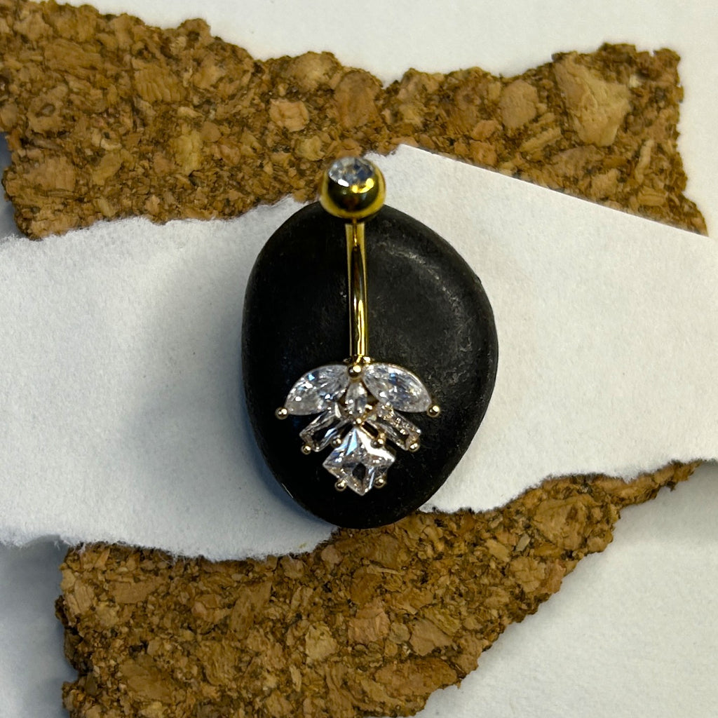Titanium Leaf Belly Ring – Clear Stone | Gold