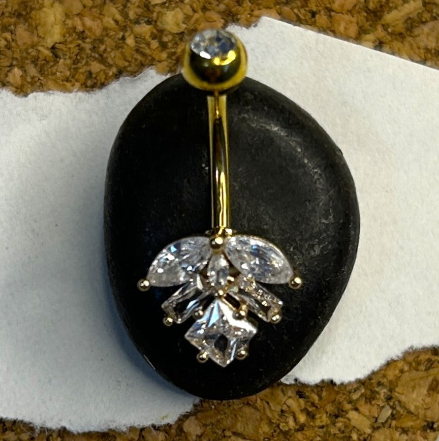 Titanium Leaf Belly Ring – Clear Stone | Gold