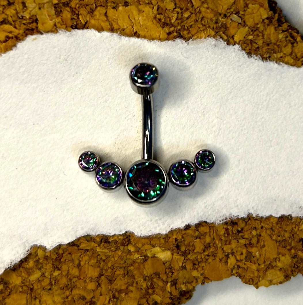 Titanium Crescent Belly Ring – 5-Stone Dark Aurora