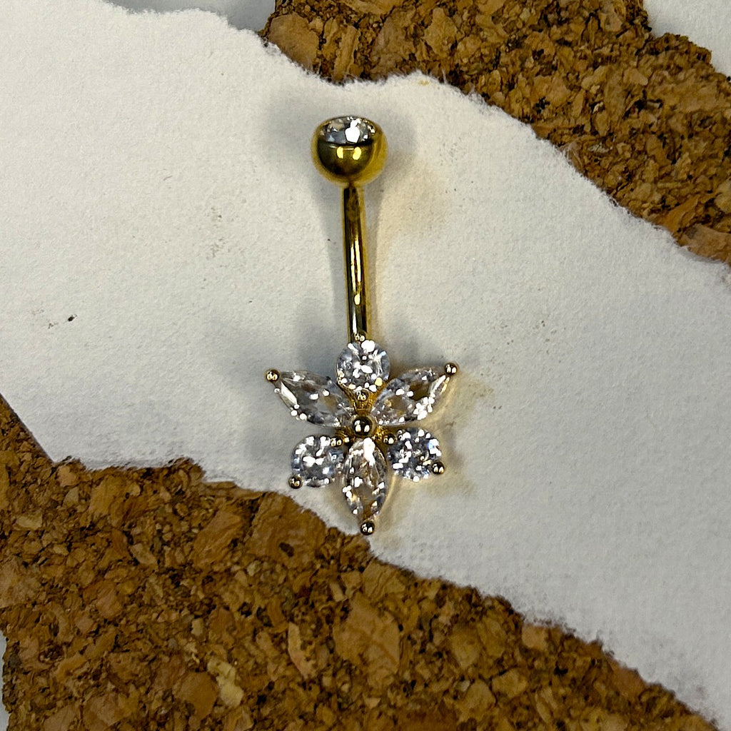 Titanium Flower Belly Ring – 6-Gemstone Gold