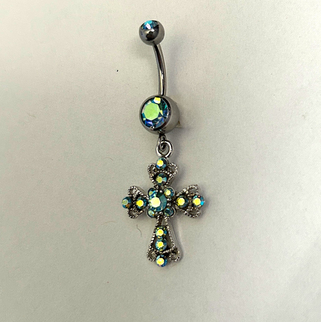 Steel AB Crystal Cross Dangle Belly Ring