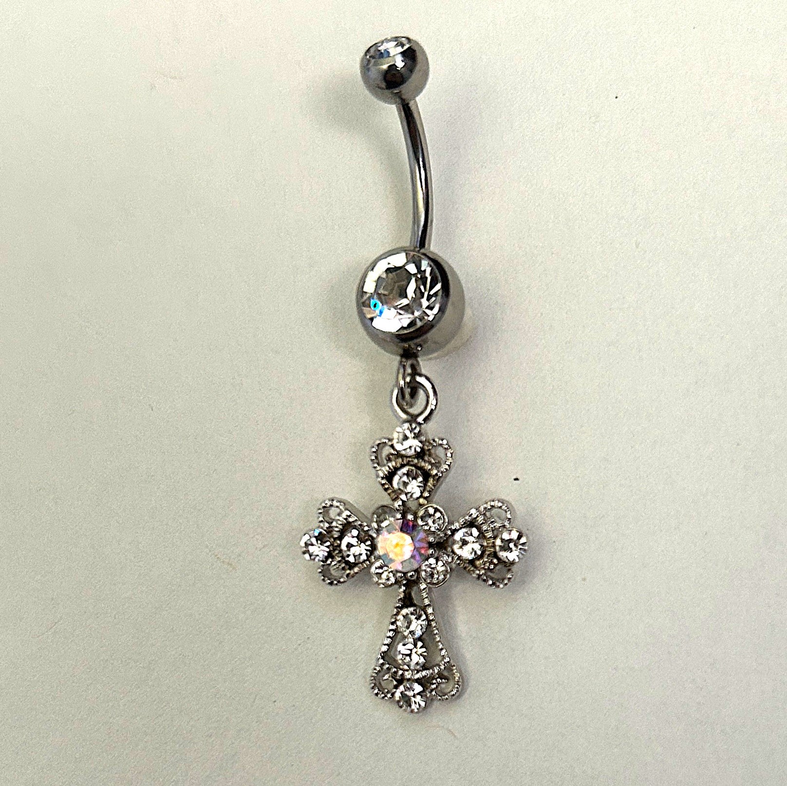 Steel AB Crystal Cross Dangle Belly Ring