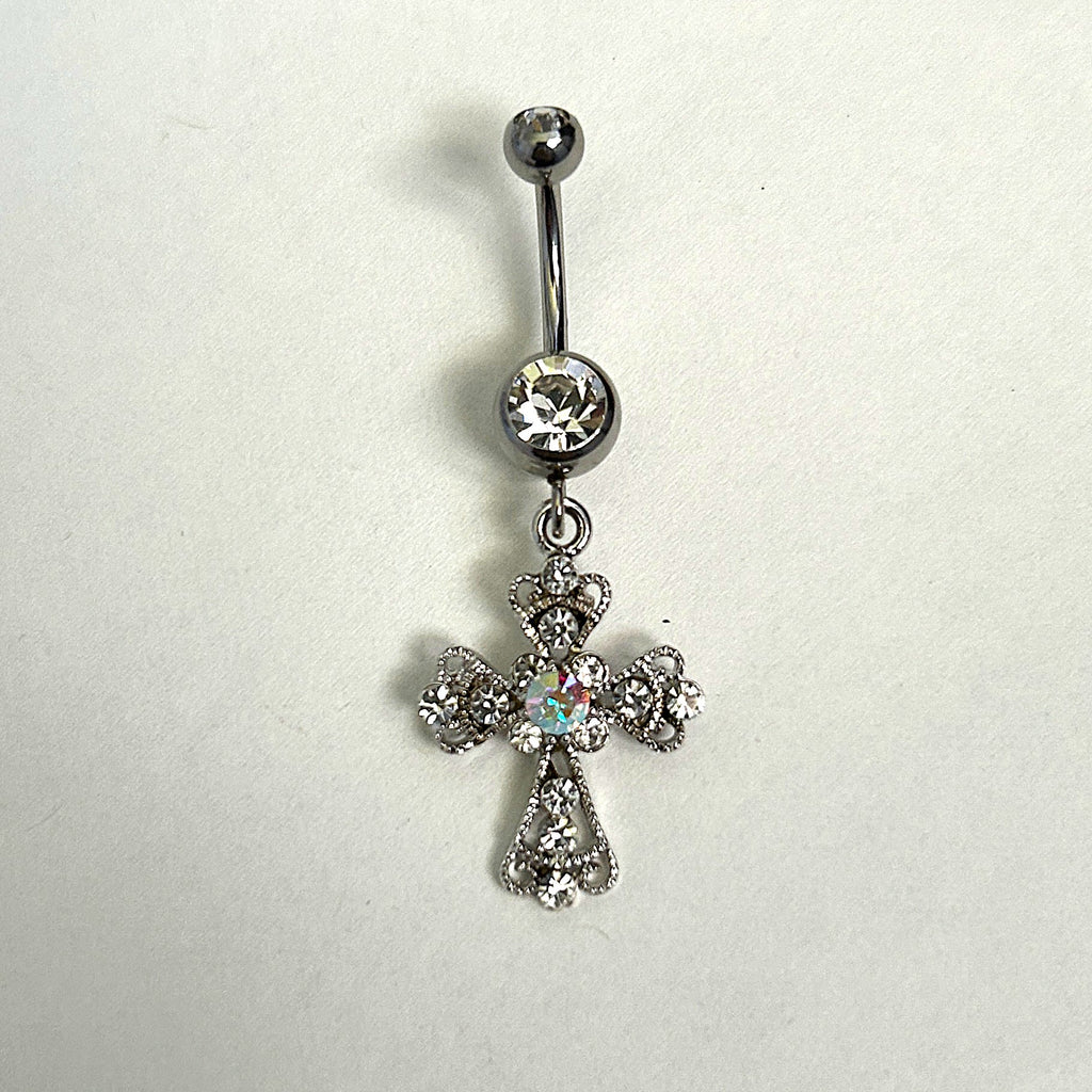 Steel AB Crystal Cross Dangle Belly Ring