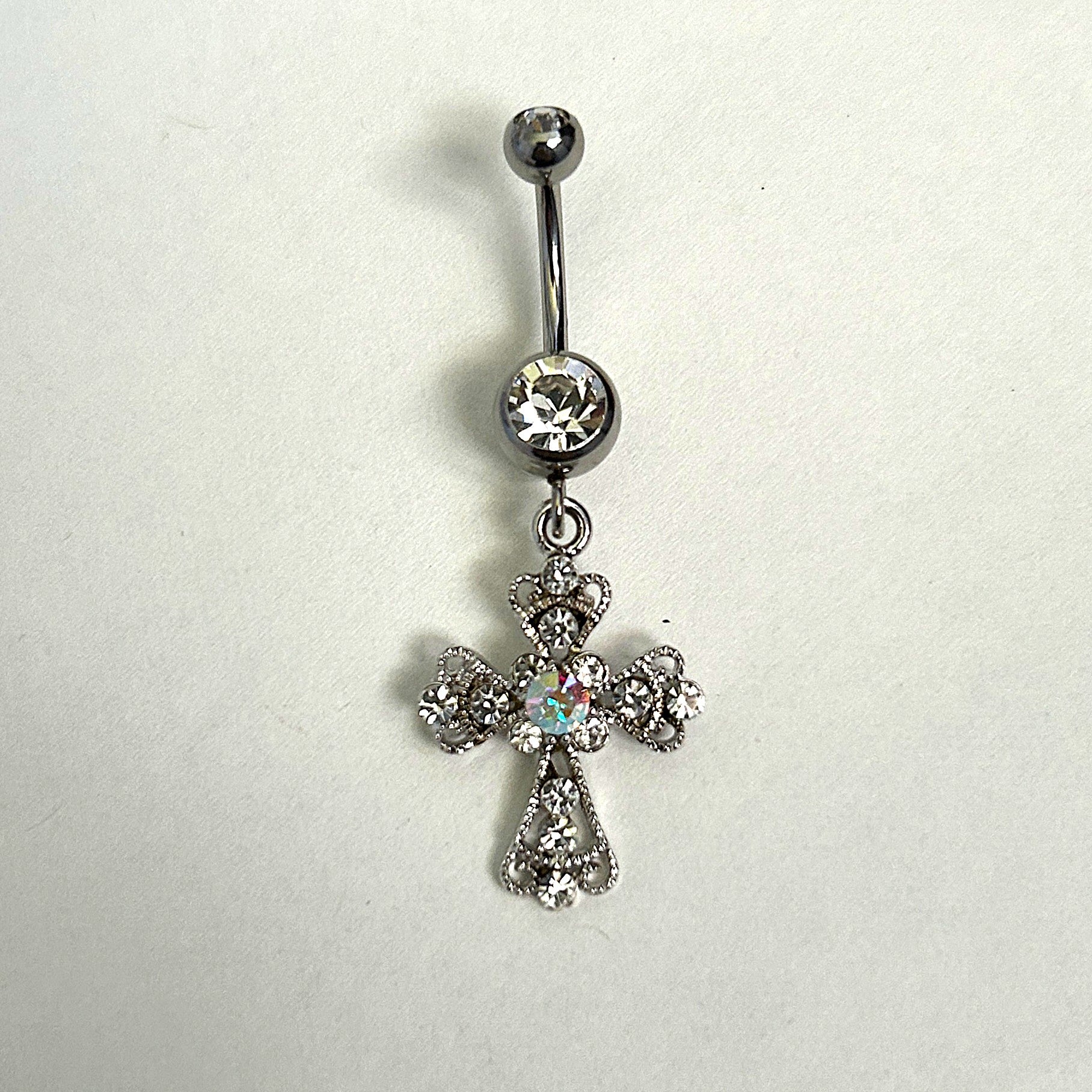 Steel AB Crystal Cross Dangle Belly Ring