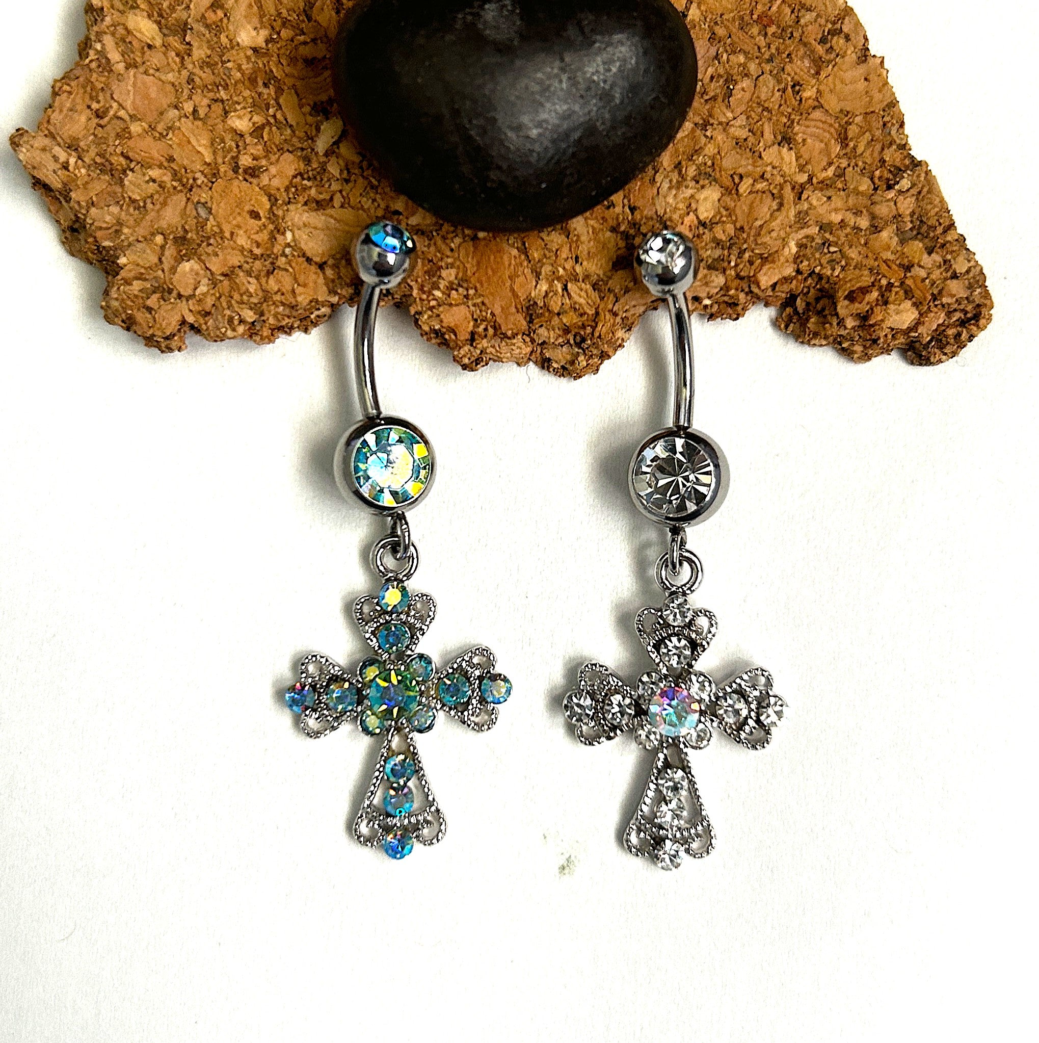 Steel AB Crystal Cross Dangle Belly Ring