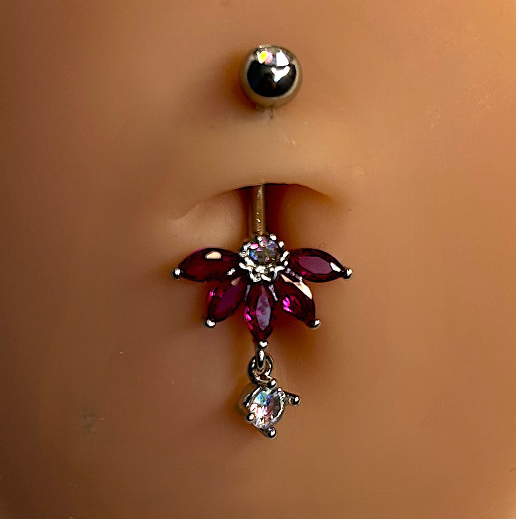Steel Pink Flower Dangle Belly Ring
