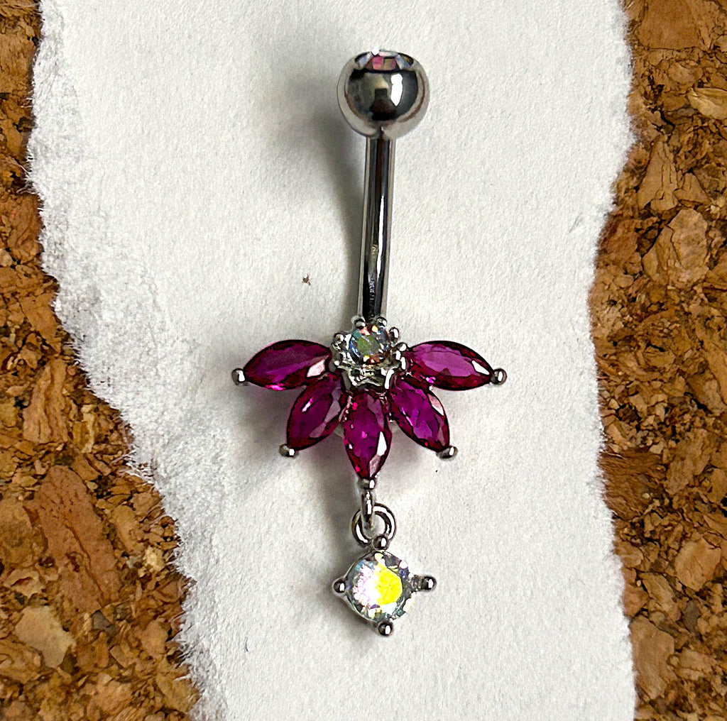 Steel Pink Flower Dangle Belly Ring