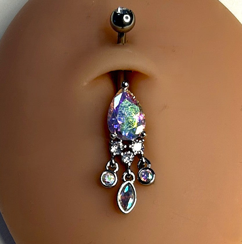 316L Surgical Steel 14g Belly Ring Teardrop Dangle Aurora Gem
