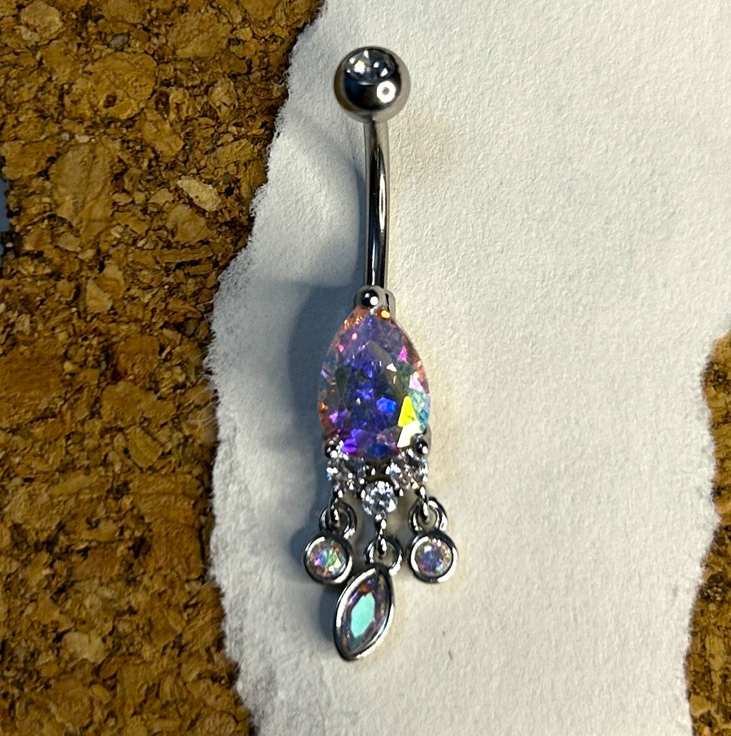 316L Surgical Steel 14g Belly Ring Teardrop Dangle Aurora Gem