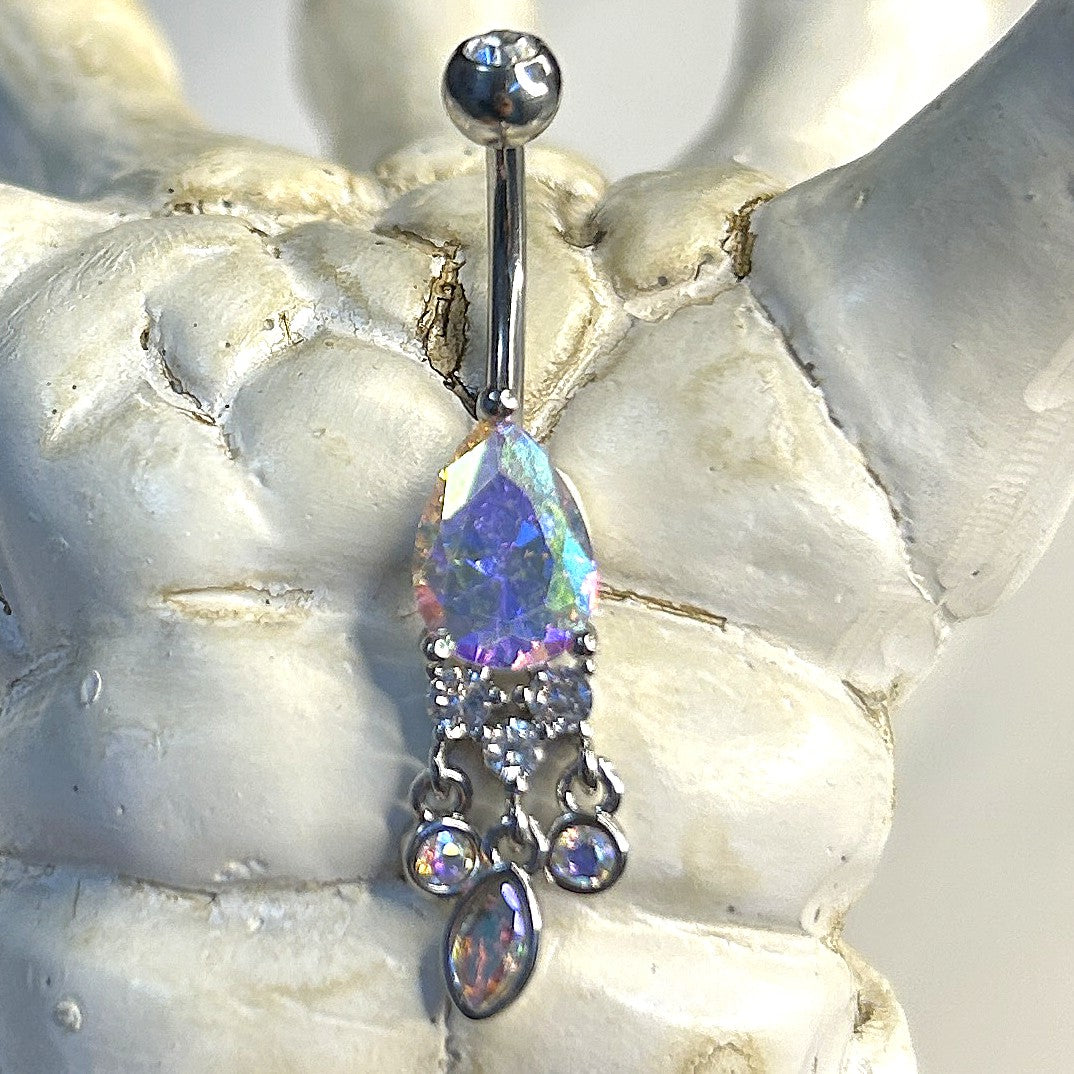316L Surgical Steel 14g Belly Ring Teardrop Dangle Aurora Gem