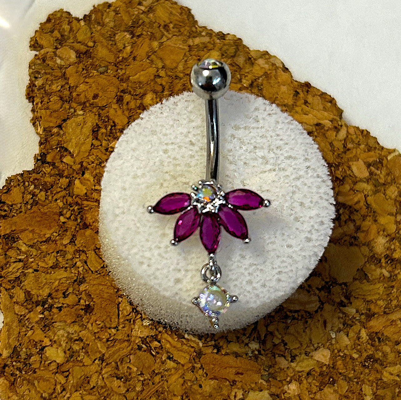Steel Pink Flower Dangle Belly Ring