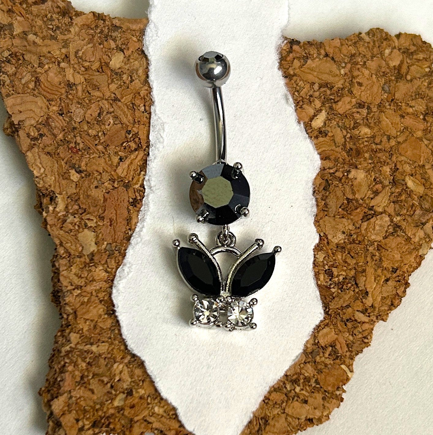 316L Surgical Steel 14g Butterfly Dangle Belly Ring Black Gem
