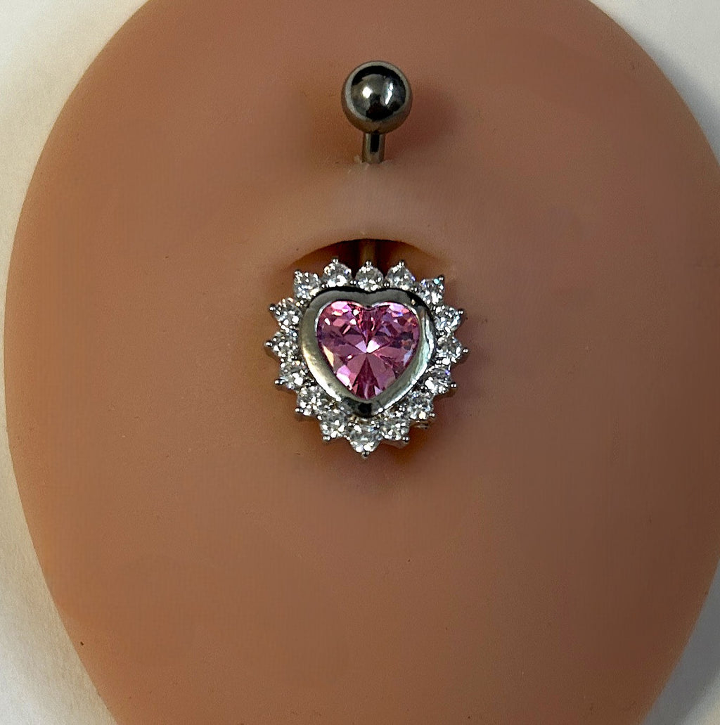 Pink Heart Gem Halo Belly Ring