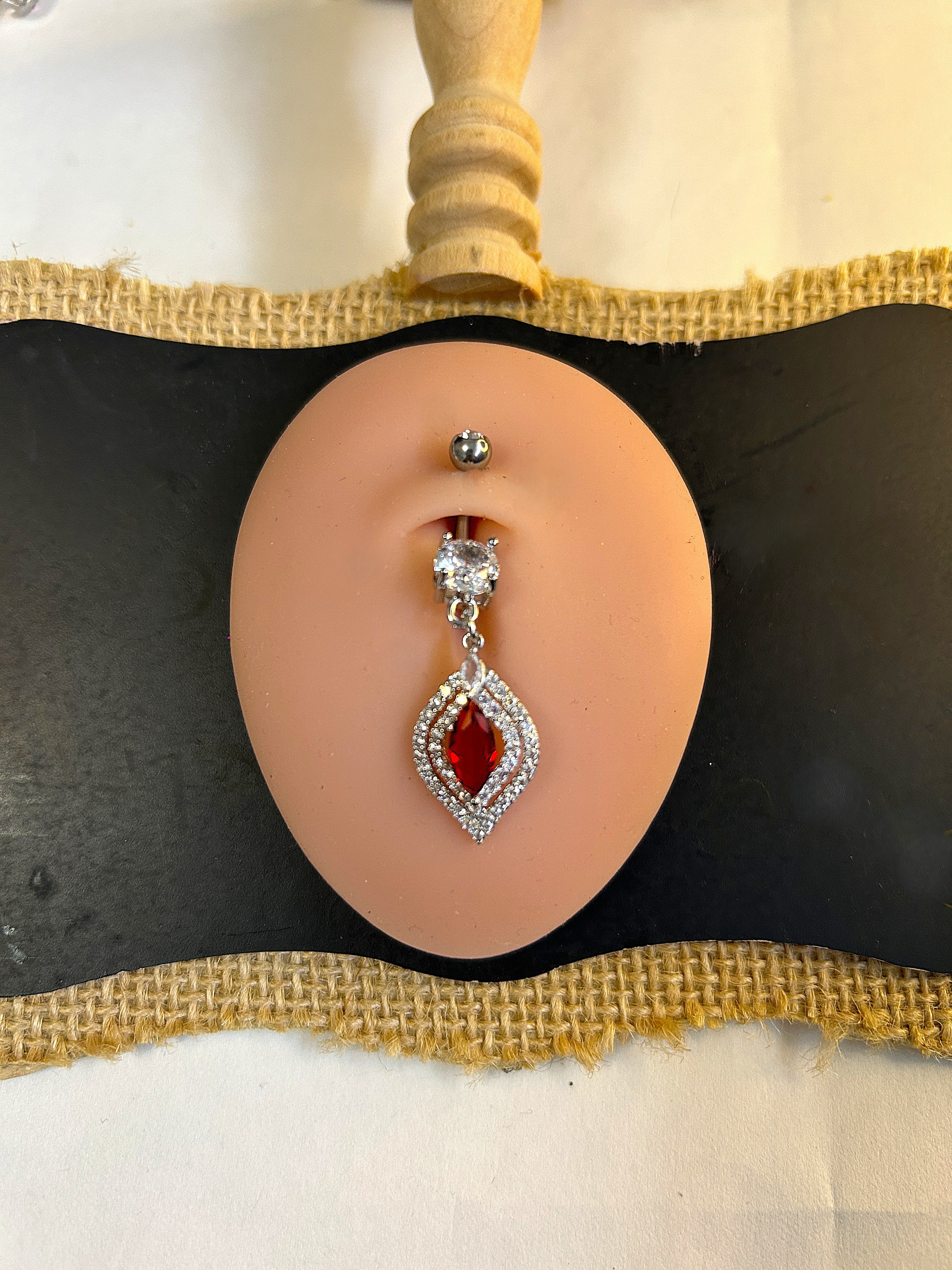 Deep Red Marquise Halo Dangle Belly Ring