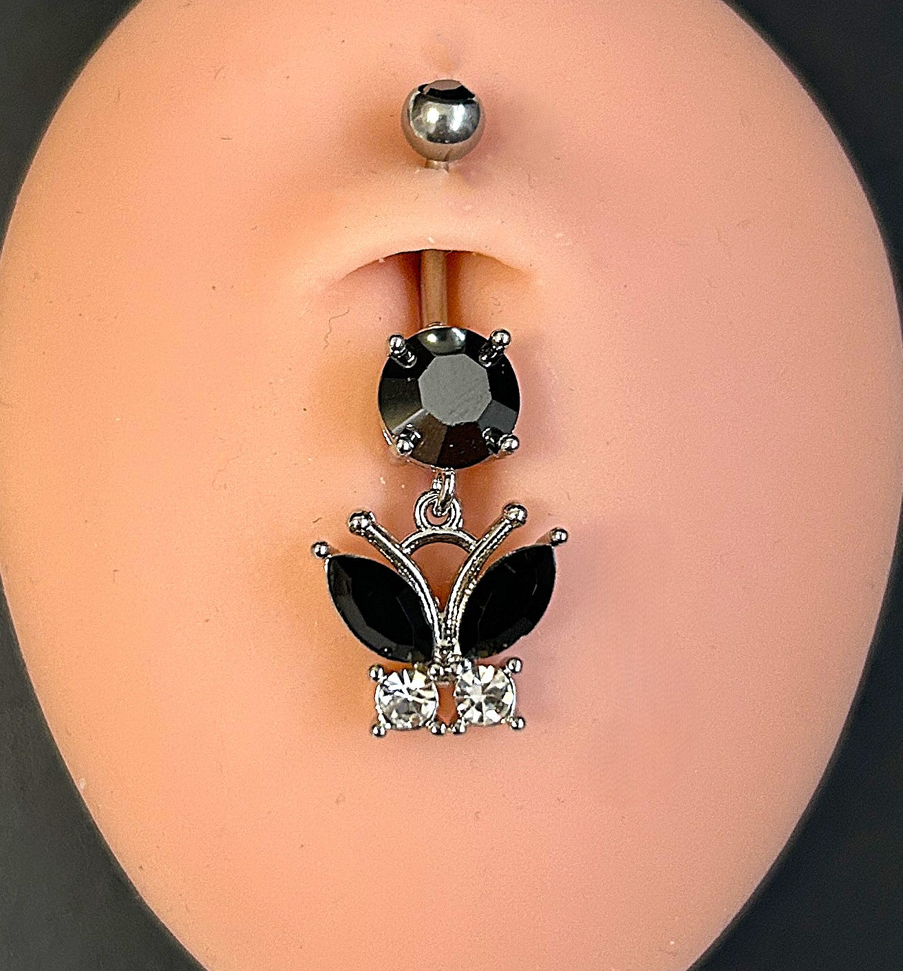 316L Surgical Steel 14g Butterfly Dangle Belly Ring Black Gem