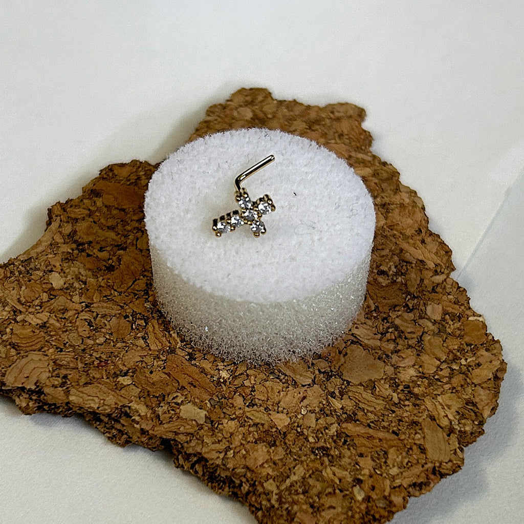 Cross Nose Ring with Clear Gems — Gold L-Bend