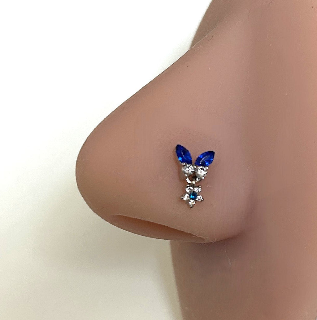 Navy Blue & Clear Butterfly Nose Ring with Star Dangle — Steel L-Bend