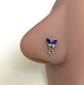 Navy Blue & Clear Butterfly Nose Ring with Star Dangle — Steel L-Bend