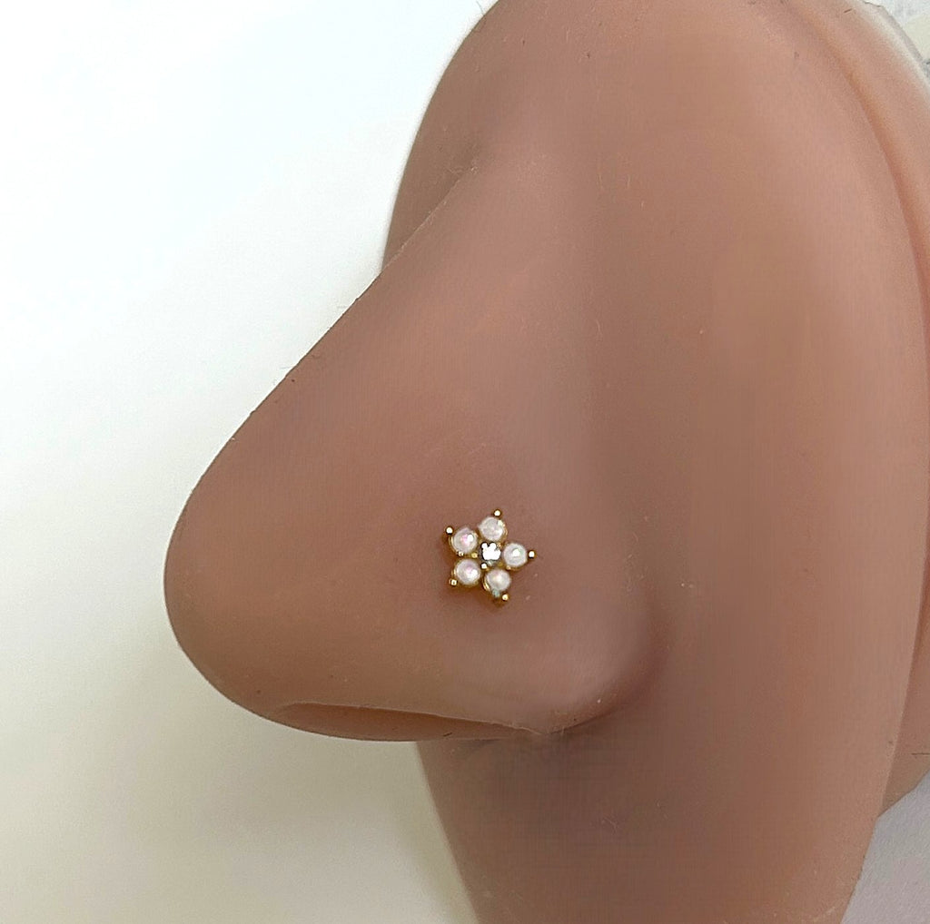 Gold Anodized White Opal Flower Nose Ring — L-Bend