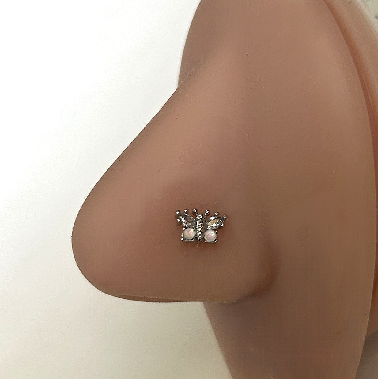 Clear & White Opal Butterfly Nose Ring — Steel L-Bend
