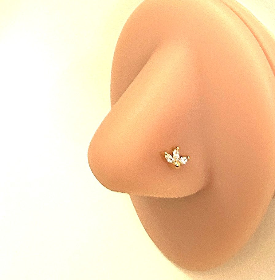 Gold Half Flower Marquise Gem Nose Ring — L-Bend