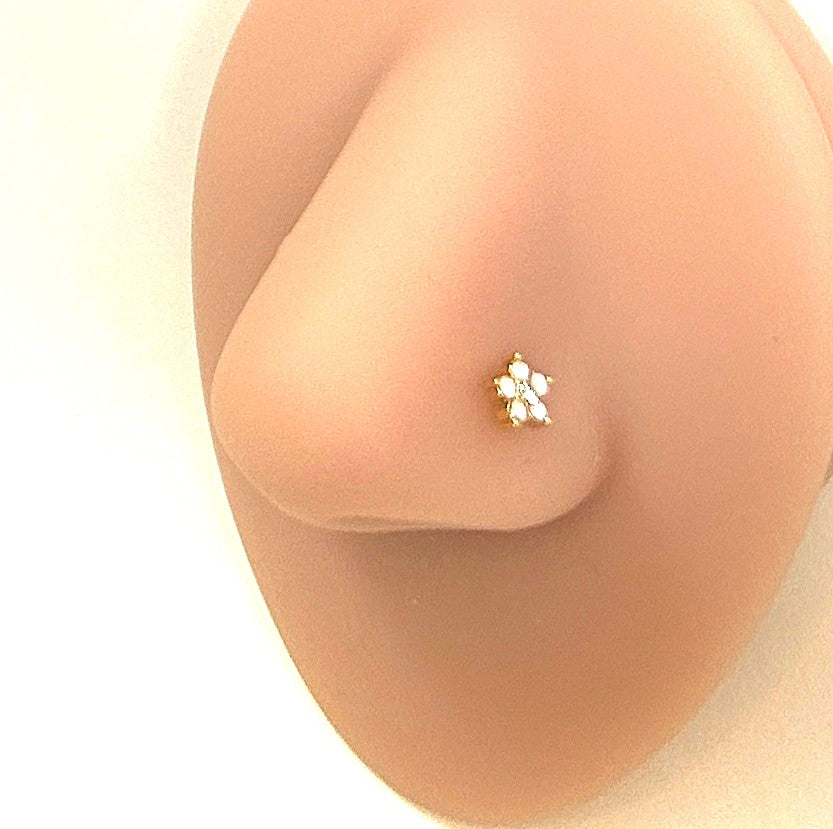 Gold Anodized White Opal Flower Nose Ring — L-Bend