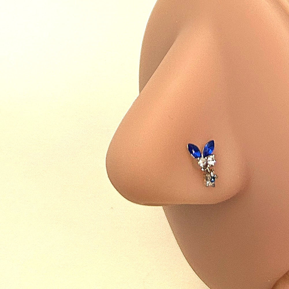 Navy Blue & Clear Butterfly Nose Ring with Star Dangle — Steel L-Bend