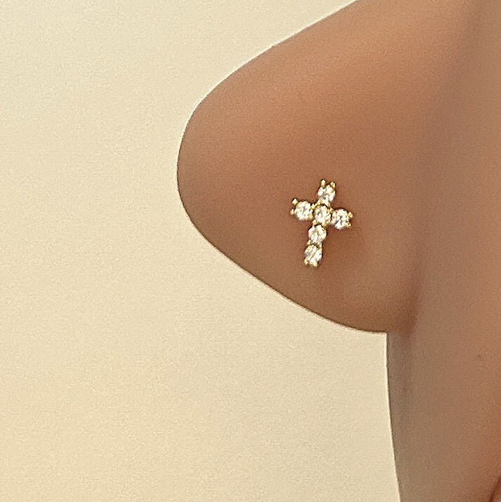 Cross Nose Ring with Clear Gems — Gold L-Bend