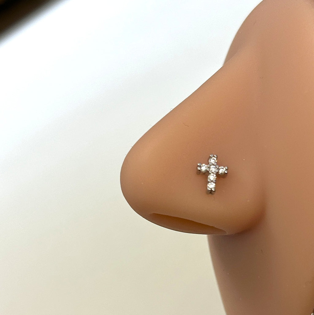 Cross Nose Ring with Clear Gems — Steel L-Bend