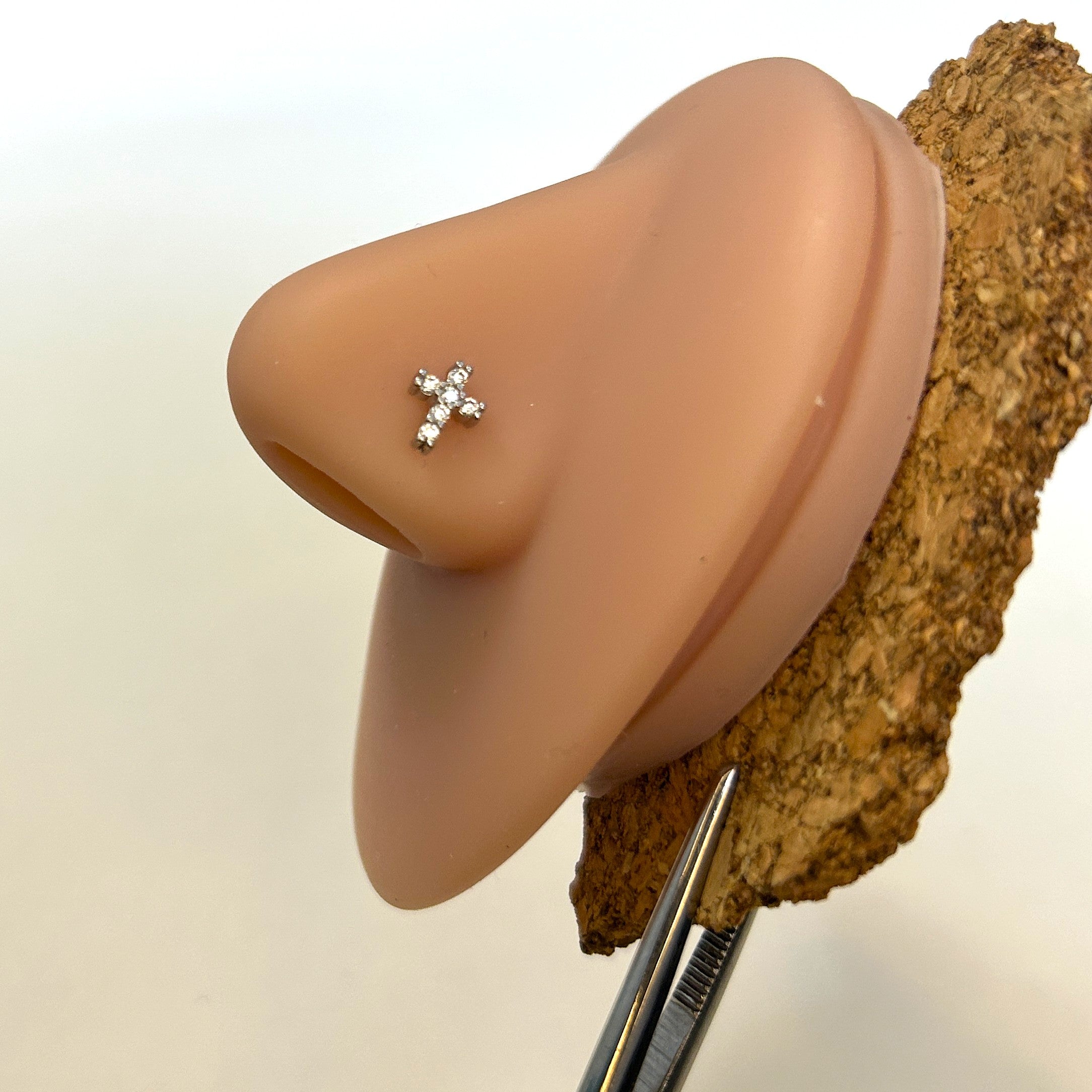 Cross Nose Ring with Clear Gems — Steel L-Bend