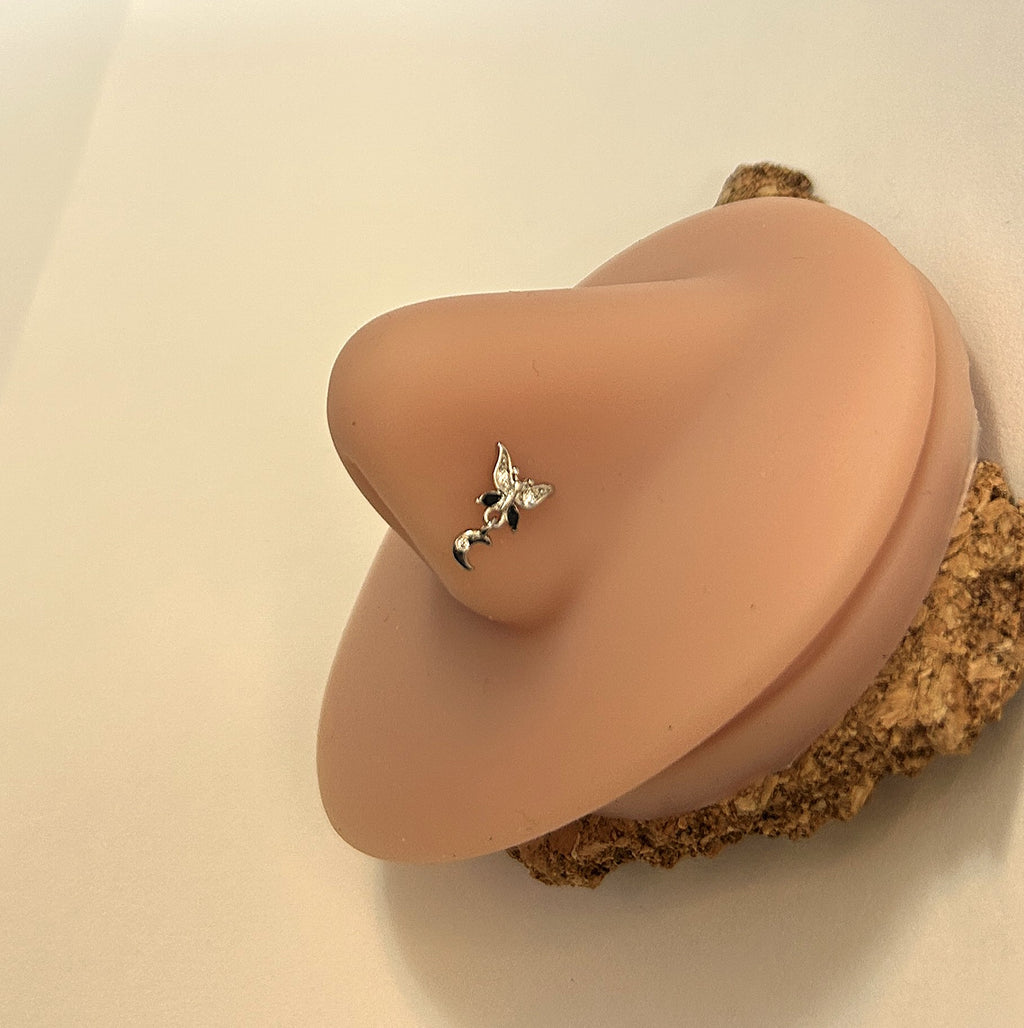 Butterfly & Moon Nose Ring — Steel L-Bend