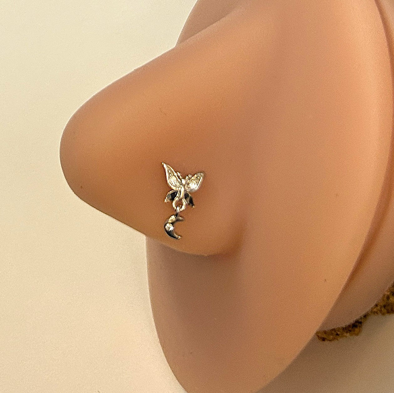 Butterfly & Moon Nose Ring — Steel L-Bend