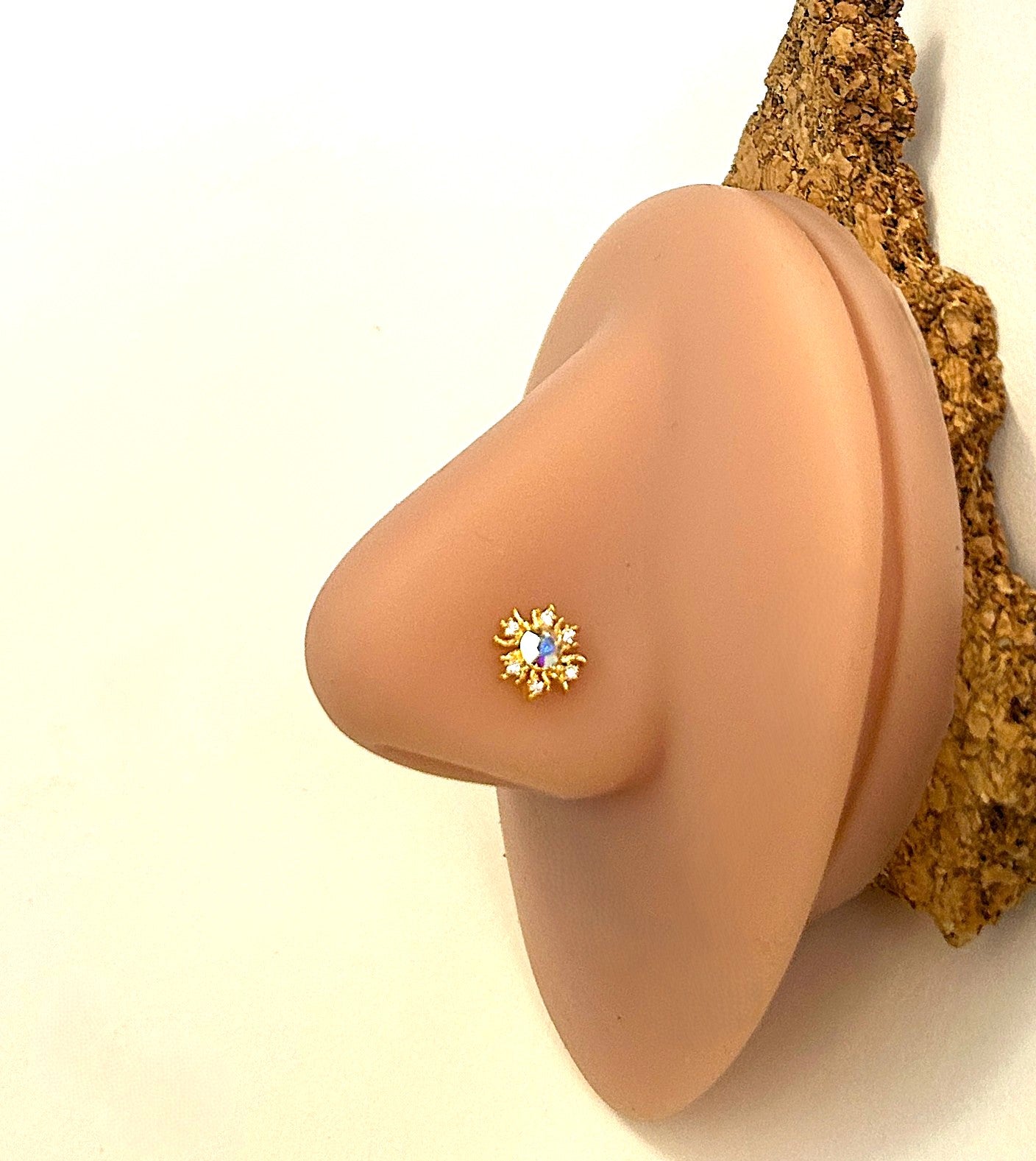 Gold Anodized Sun Nose Ring with Clear Center Gem — L-Bend