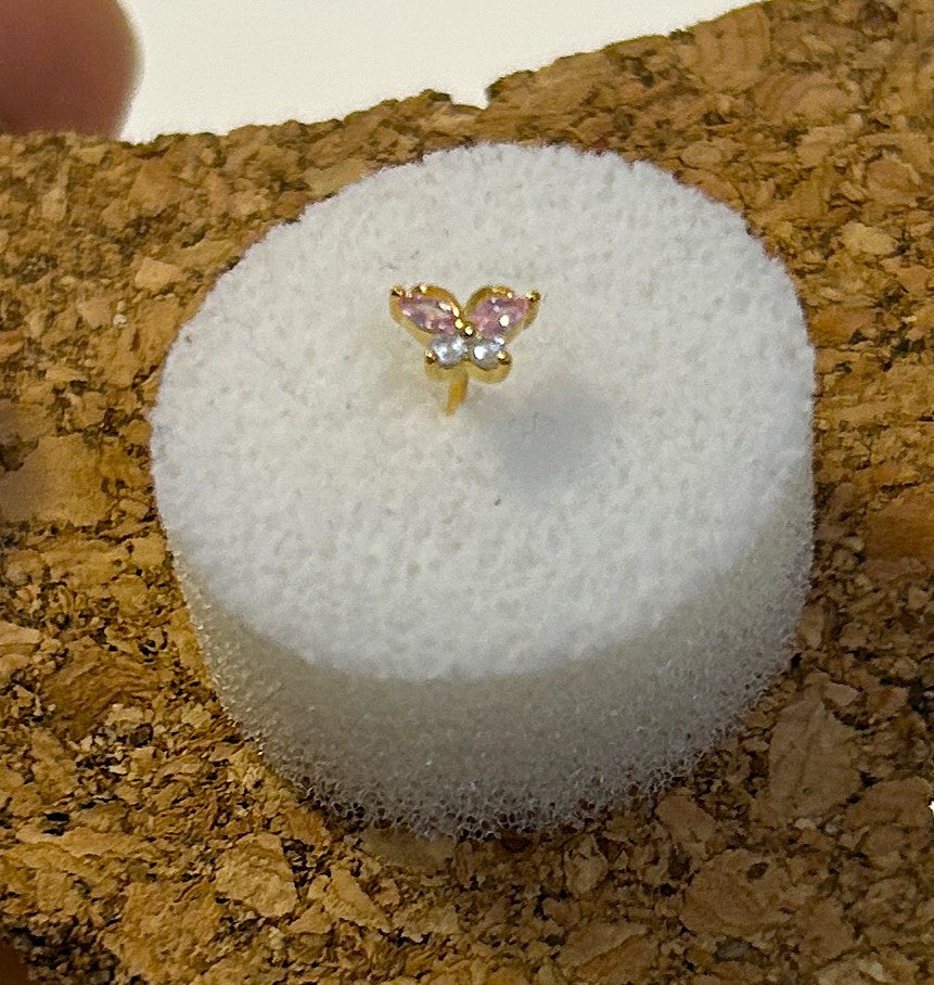 Gold, Pink & Clear Gem Encrusted Butterfly Nose Ring — L-Bend