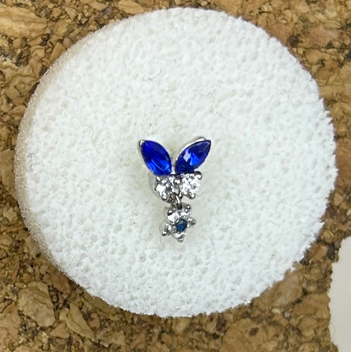 Navy Blue & Clear Butterfly Nose Ring with Star Dangle — Steel L-Bend
