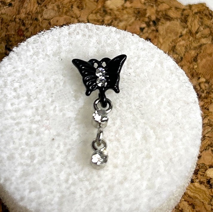 Black Anodized Butterfly Nose Ring with Double Gem Dangle — Steel L-Bend