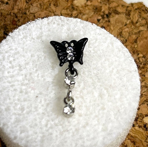 Black Anodized Butterfly Nose Ring with Double Gem Dangle — Steel L-Bend