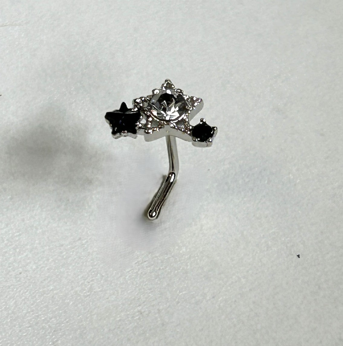 Triple Star Nose Ring with Clear Center Gem — Steel L-Bend