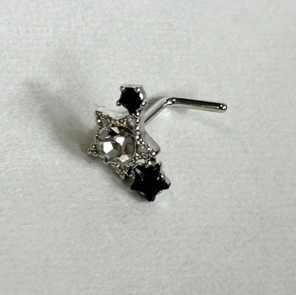 Triple Star Nose Ring with Clear Center Gem — Steel L-Bend