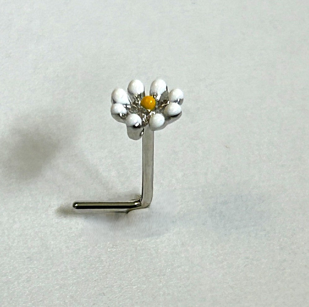 Daisy Nose Ring with White Petals — Steel L-Bend