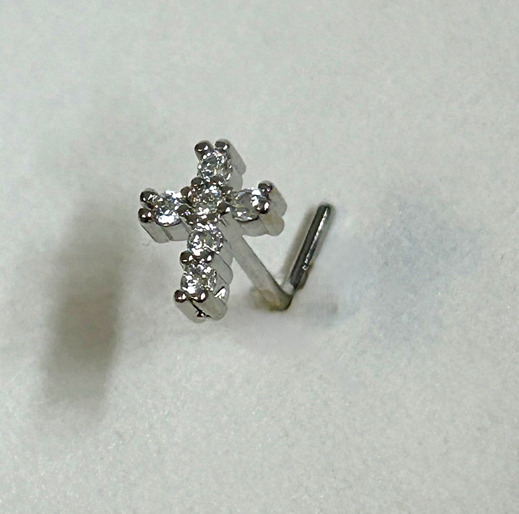 Cross Nose Ring with Clear Gems — Steel L-Bend