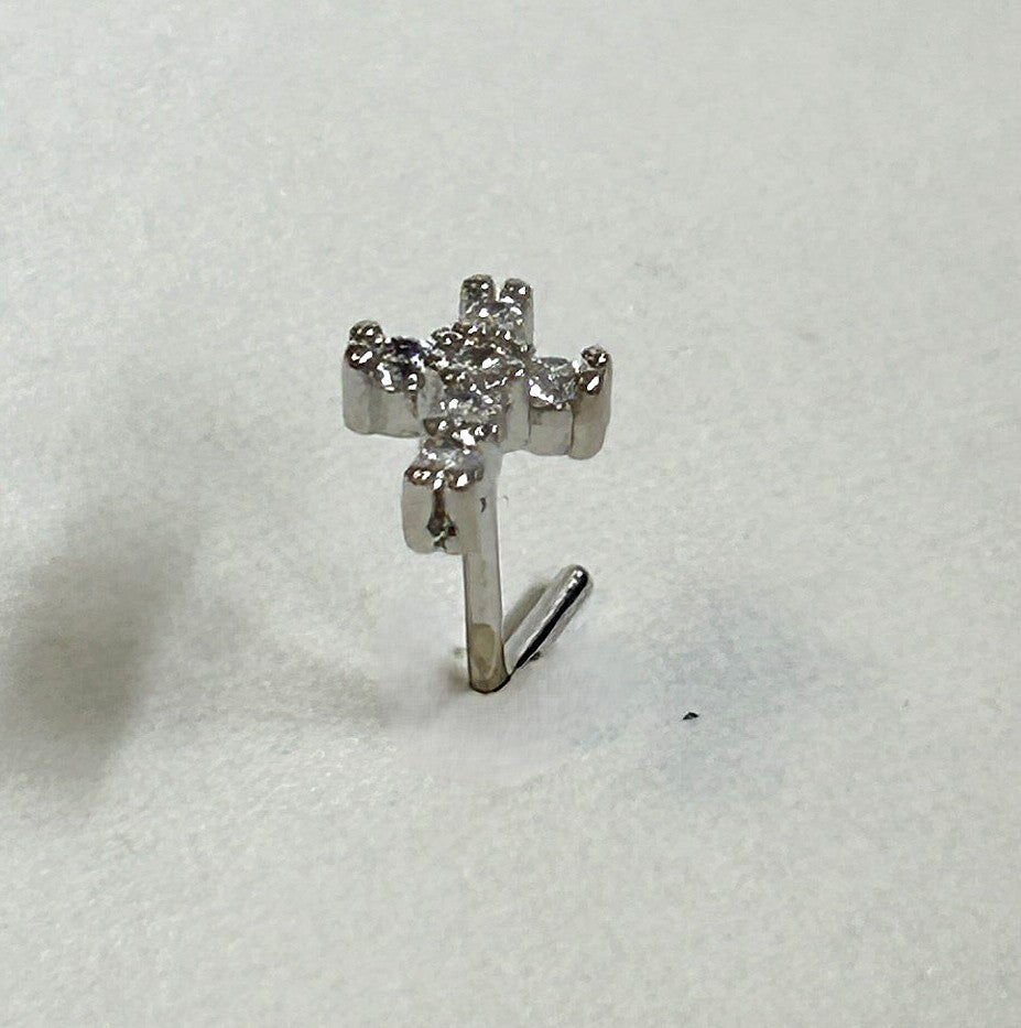 Cross Nose Ring with Clear Gems — Steel L-Bend