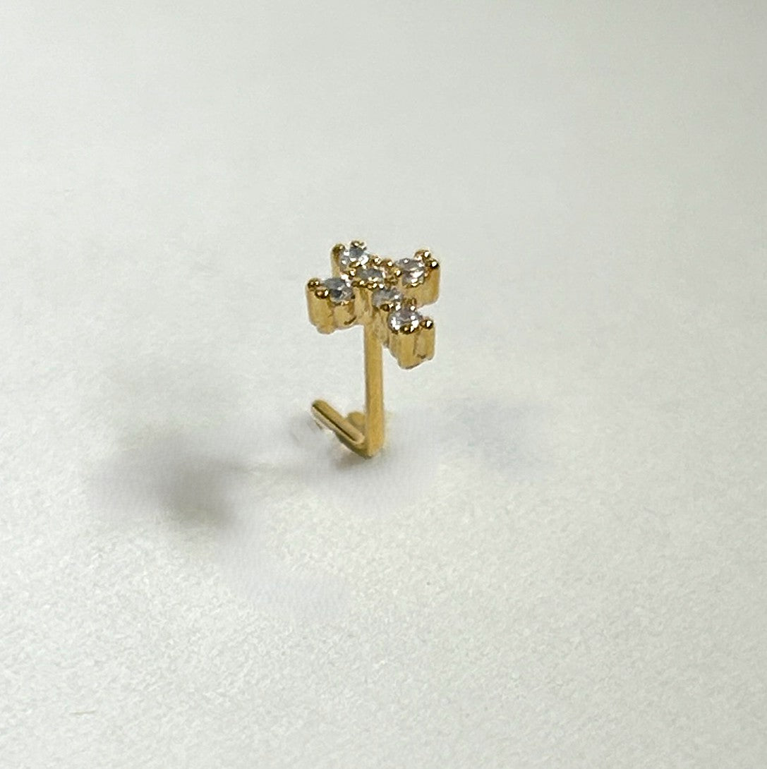 Cross Nose Ring with Clear Gems — Gold L-Bend