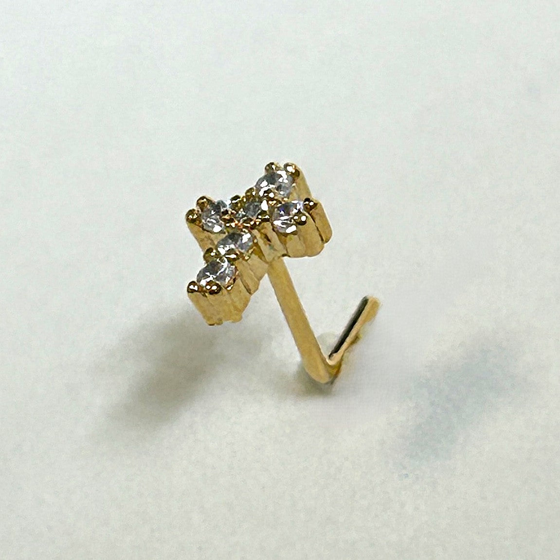 Cross Nose Ring with Clear Gems — Gold L-Bend