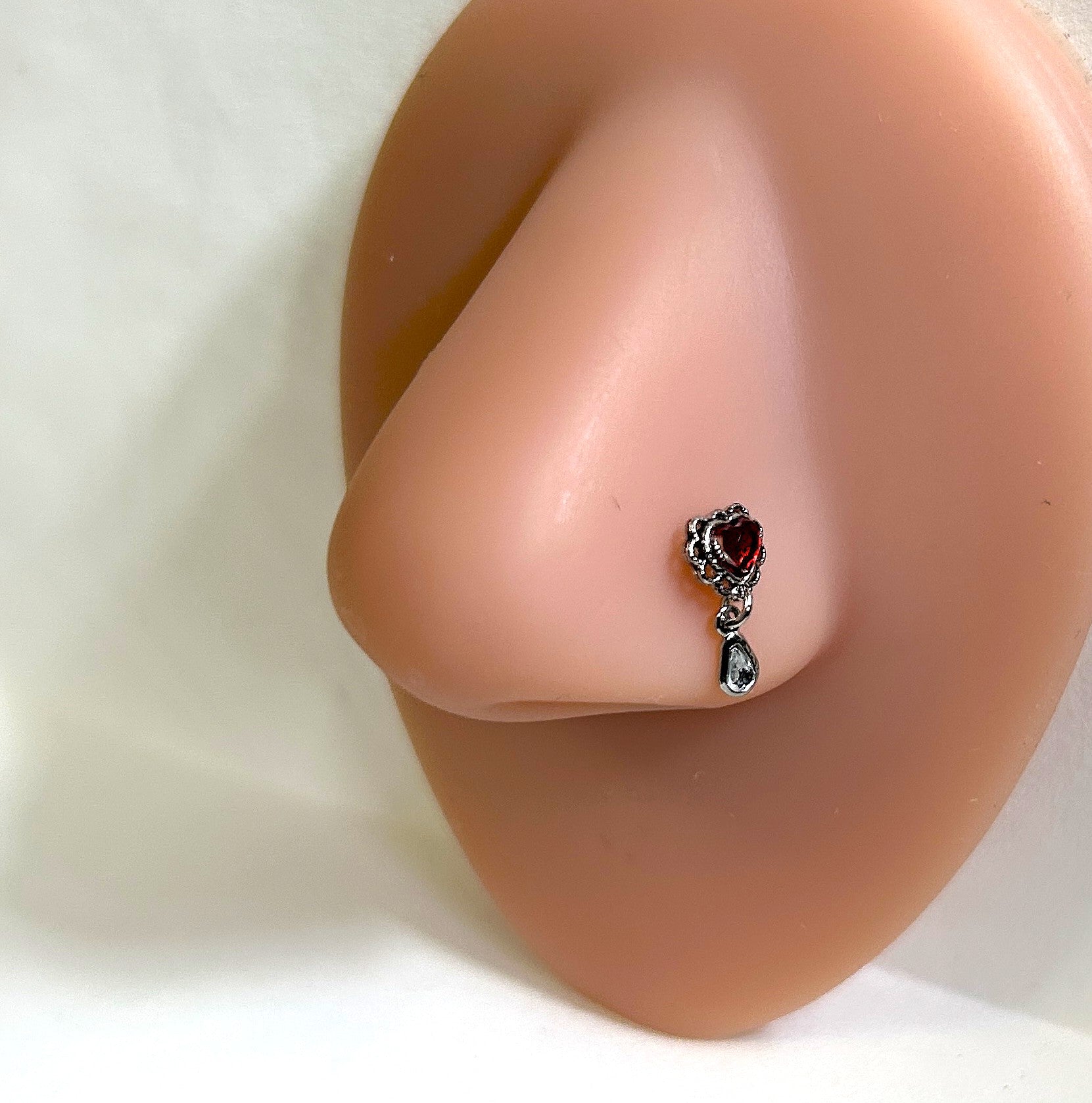 Filigree Heart Nose Ring with Drop Dangle — Steel L-Bend