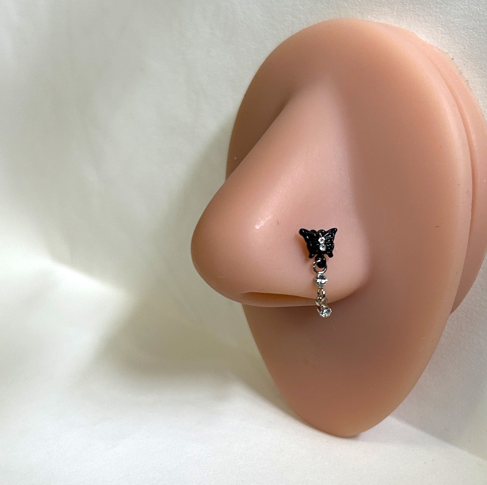 Black Anodized Butterfly Nose Ring with Double Gem Dangle — Steel L-Bend
