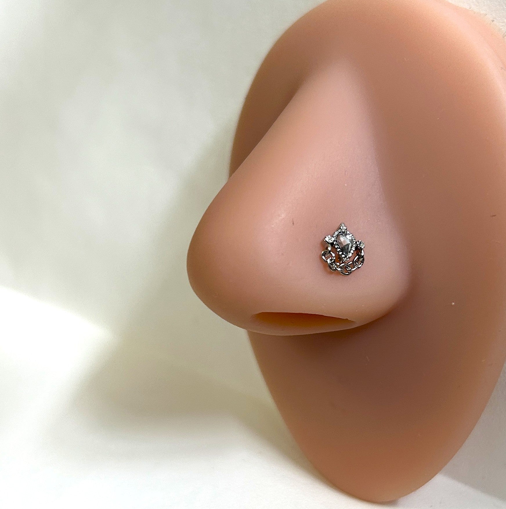 Ornate Medallion Nose Ring with Chain Detail — Steel L-Bend