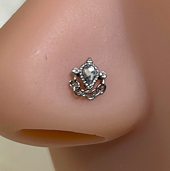 Ornate Medallion Nose Ring with Chain Detail — Steel L-Bend
