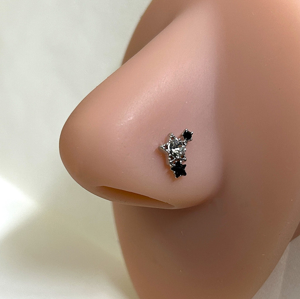 Triple Star Nose Ring with Clear Center Gem — Steel L-Bend