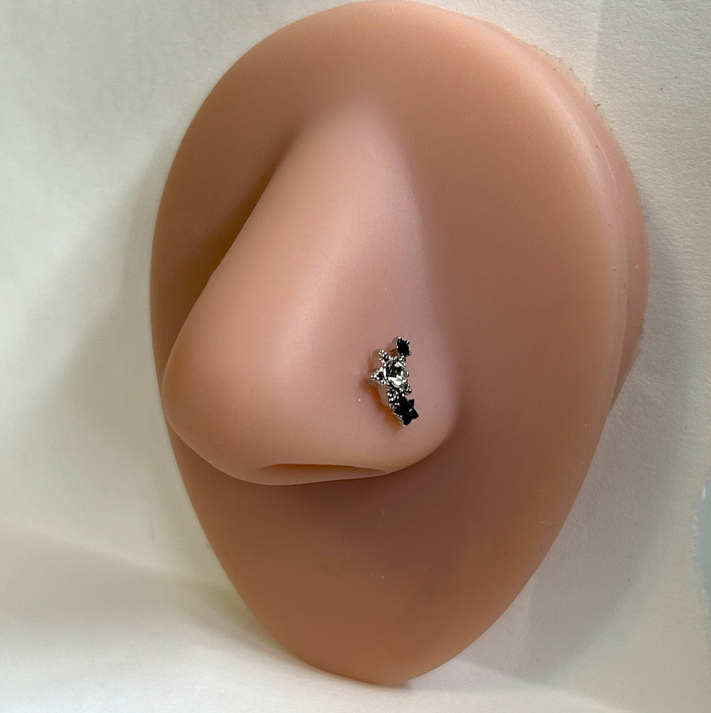 Triple Star Nose Ring with Clear Center Gem — Steel L-Bend